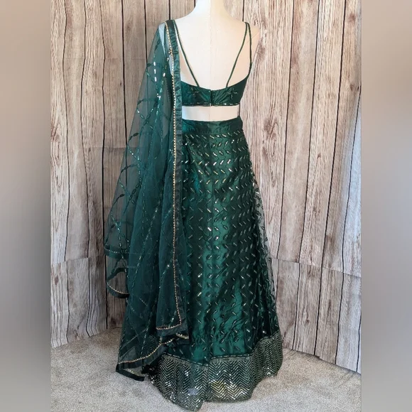 Elegant Emerald Green Lehenga Choli Set - Picture 3 of 14